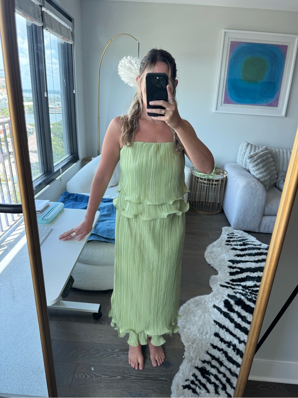 Commense Light Green Pleated Set - Tank Top + Maxi Skirt